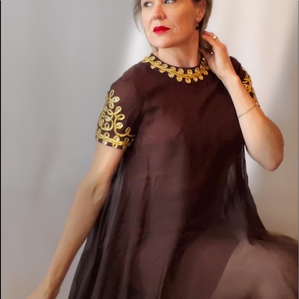 1960s Ornate Silk Trapeze Dress
